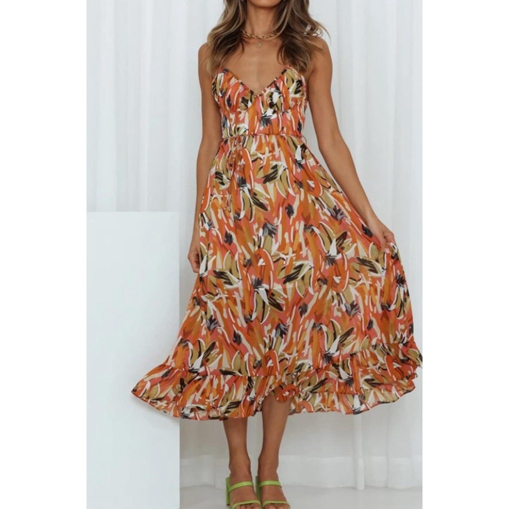 Indikah Babydoll Swing Midi Dress‎ Women Medium Orange Milkmaid Coquette Preppy